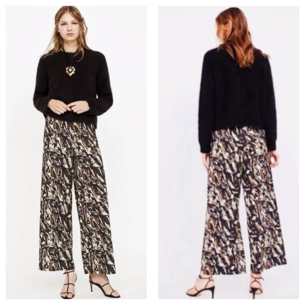 Zara Women's Brown Camo Palazzo Pants Casual Wide Leg Elastic Waist Medium
